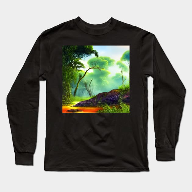 Landscape Painting with Tropical Plants and Lake, Scenery Nature Long Sleeve T-Shirt by Promen Art